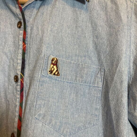 Vintage Talbots Top Womens Large Chambray Blue Button Up Embroidered Dog Cotton - Picture 7 of 12